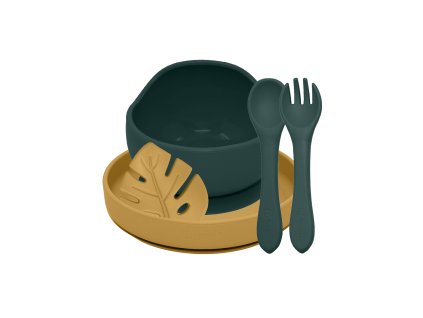 PETITE&MARS Set jedálenský silikónový TAKE&MATCH 4 ks Misty Green - Intense Ochre 6m+