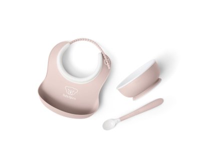 Babybjorn set na krmení 3 dílný,malý  bryndák, miska a lžička, pudrově růžový