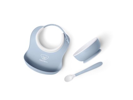 Babybjorn set na krmení 3 dílný,malý  bryndák, miska a lžička, pudrově modrý