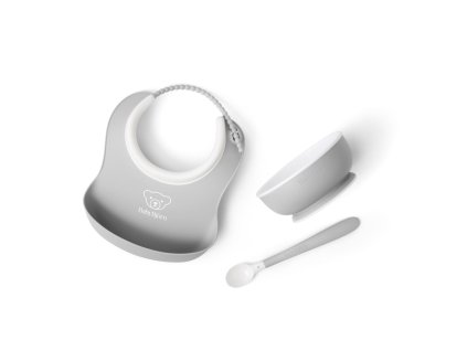 Babybjorn set na krmení 3 dílný,malý  bryndák, miska a lžička, světle šedý