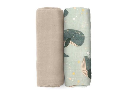 PETITE&MARS Prikrývka bambusová mušelínová 2ks Misty Whale Song 120 x 120 cm