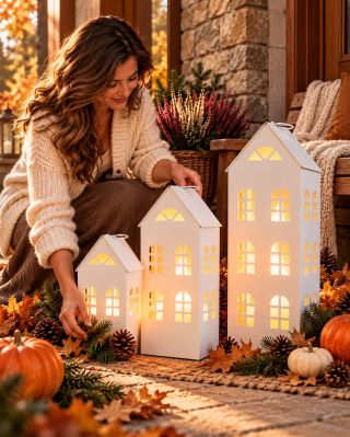 Bílé lucerny, teplé světlo a podzimní kouzlo před naším domem. Maličkosti, které dělají návraty domů ještě příjemnější. 🍂🕯️🤍