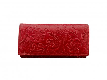 Kožená dámská červená peněženka s květinovým designem