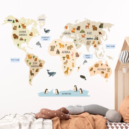 Mapa světa se zvířátky - boho - dětské samolepky na zeď