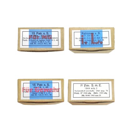 Ammo boxes mix Mauser K98 ammunition Carabine package WW2 German WWII wehrmacht reenactment reenactor film props warcopy reproductions heeres paperwork guns