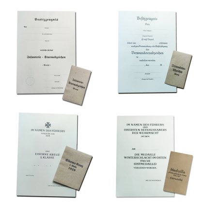 Medal medaille badge certificate & envelope WW2 German WWII wehrmacht reenactment reenactor film props warcopy reproductions heeres paperwork