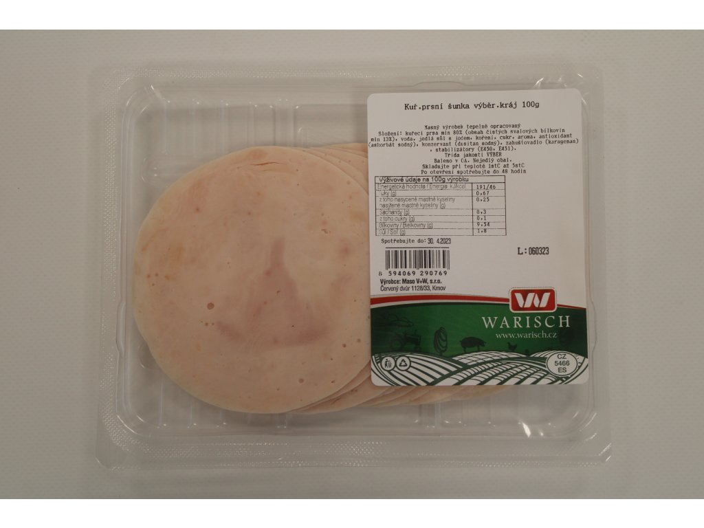 Kuřecí prsní šunka výběrová plátky 100 g (obsah masa 80 %)