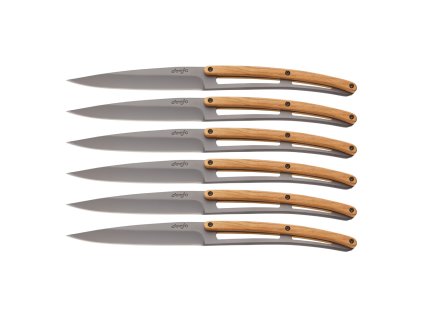 Deejo 2FB001 6 steak knives , titanium finish, olive wood handle