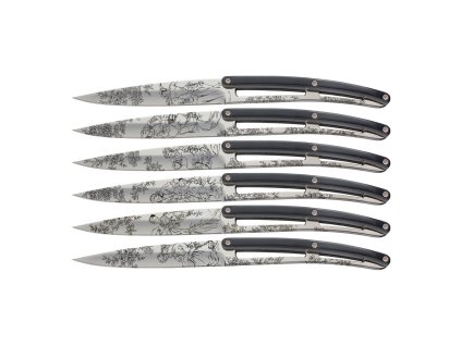 Deejo steak set, mirror finish, paperstone, Toile de Jouy