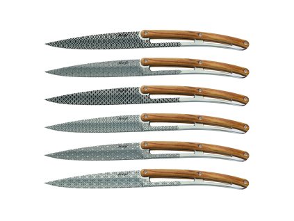 Deejo 2AB013 sada 6 steak nožů, lesklý povrch, olivové dřevo, design Geometry 1