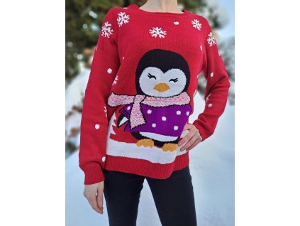 Červený vánoční svetr s tučnákem