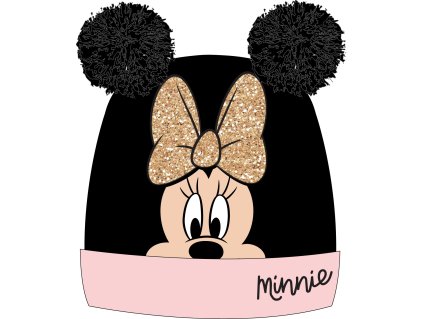 Dívčí čepice MINNIE dvě bambule a zlatá mašle černá