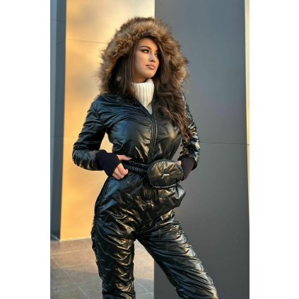 krasny damsky cierny metalicky overal na lyzovacku s kozusinou