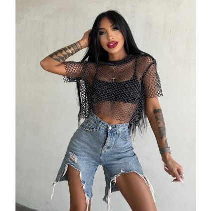 stylovy damsky cierny volny sietovany top s kratkym rukavom party