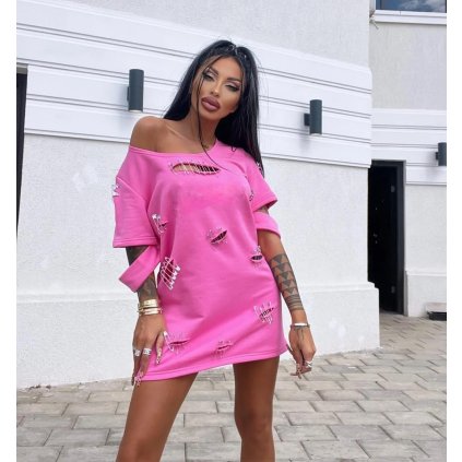 stylove ruzove teplakove potrhane minisaty s opaskom