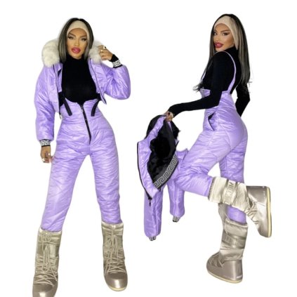 damska zimna fialova suprava overal kombineza na lyzovanie s kapucnou s kozusinou vypredaj