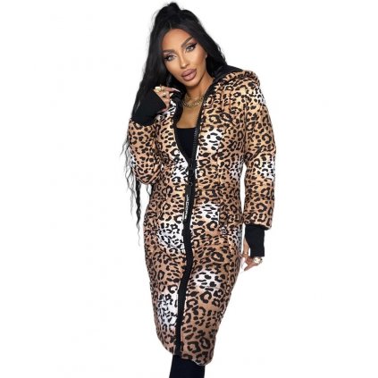 damska dlha zateplena bunda leopard s kapucnou