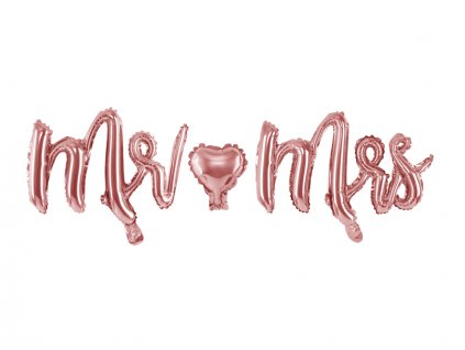 Fóliový balónkový nápis "Mr Mrs" RŮŽOVO-ZLATÝ, 69x125 cm