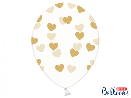 Balónek průhledný se zlatými srdíčky, 30 cm, 6 ks