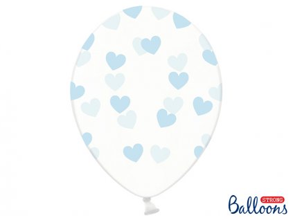 Balónek průhledný s modrými srdíčky, 30 cm, 6 ks