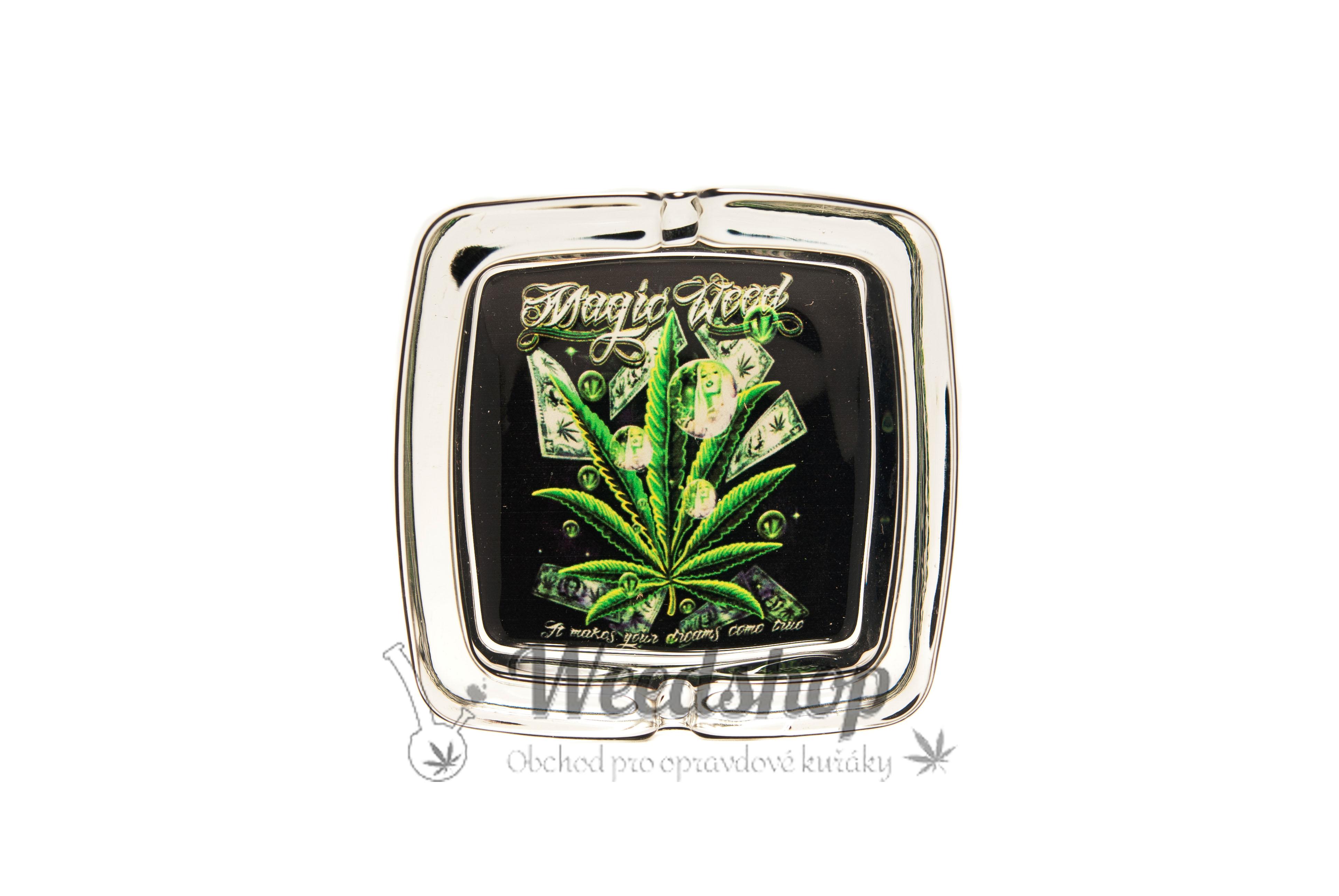 WeedShop Skleněný hranatý popelník - Cannabis Skull Varianty: Magic Weed