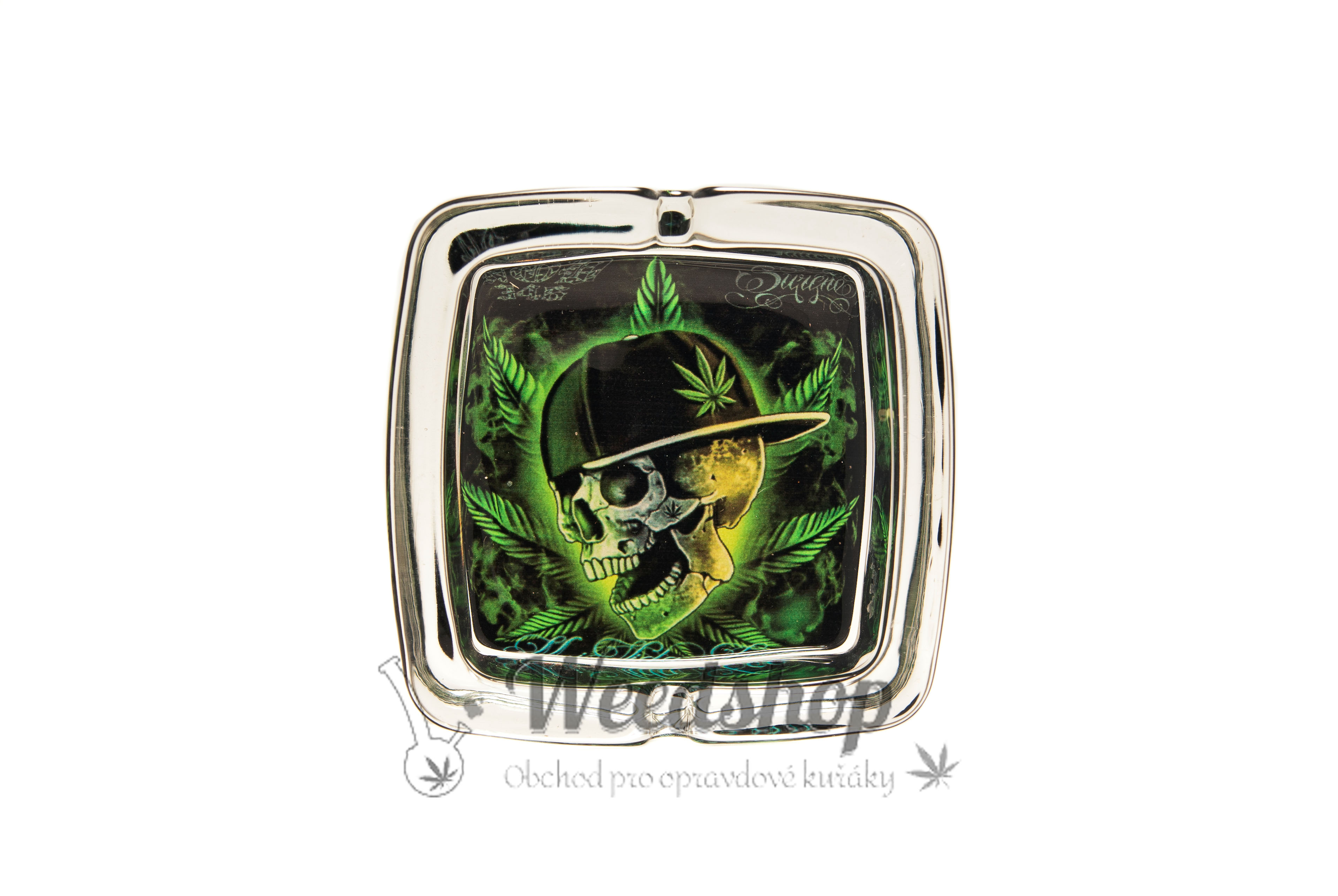 WeedShop Skleněný hranatý popelník - Cannabis Skull Varianty: Cannabis leave skull