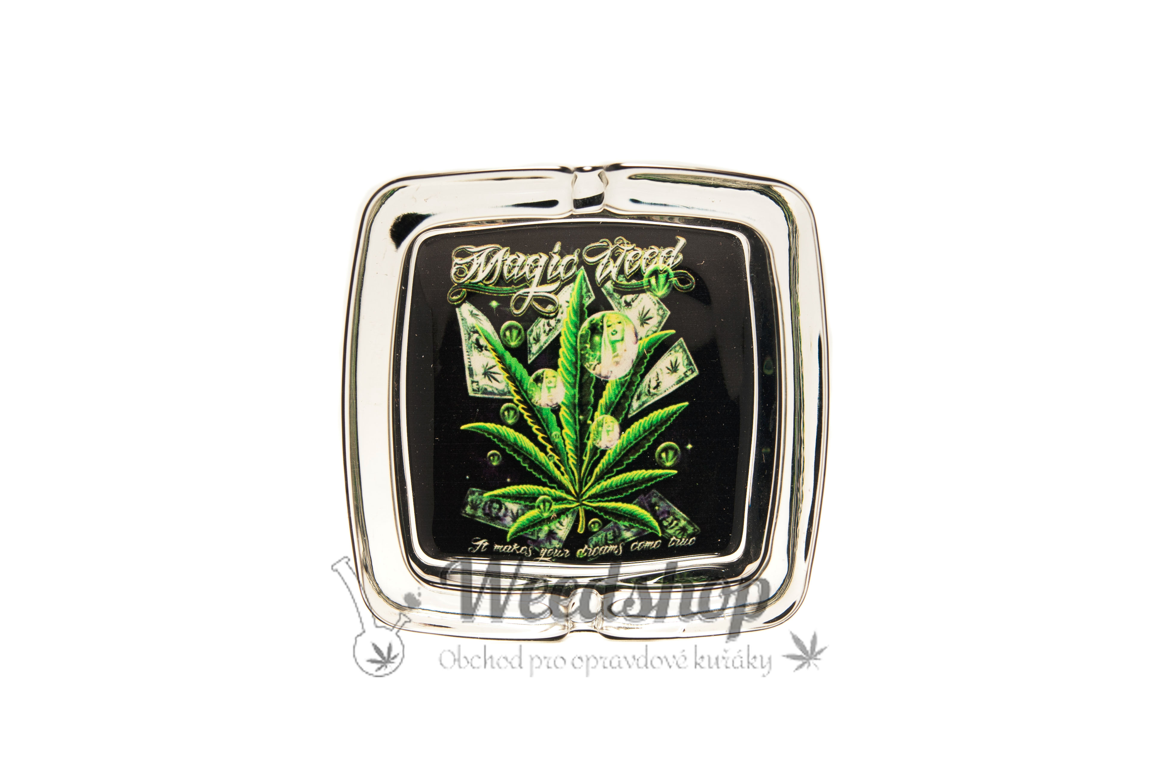 WeedShop Sklenený hranatý popolník - Cannabis Skull Varianty: Magic Weed