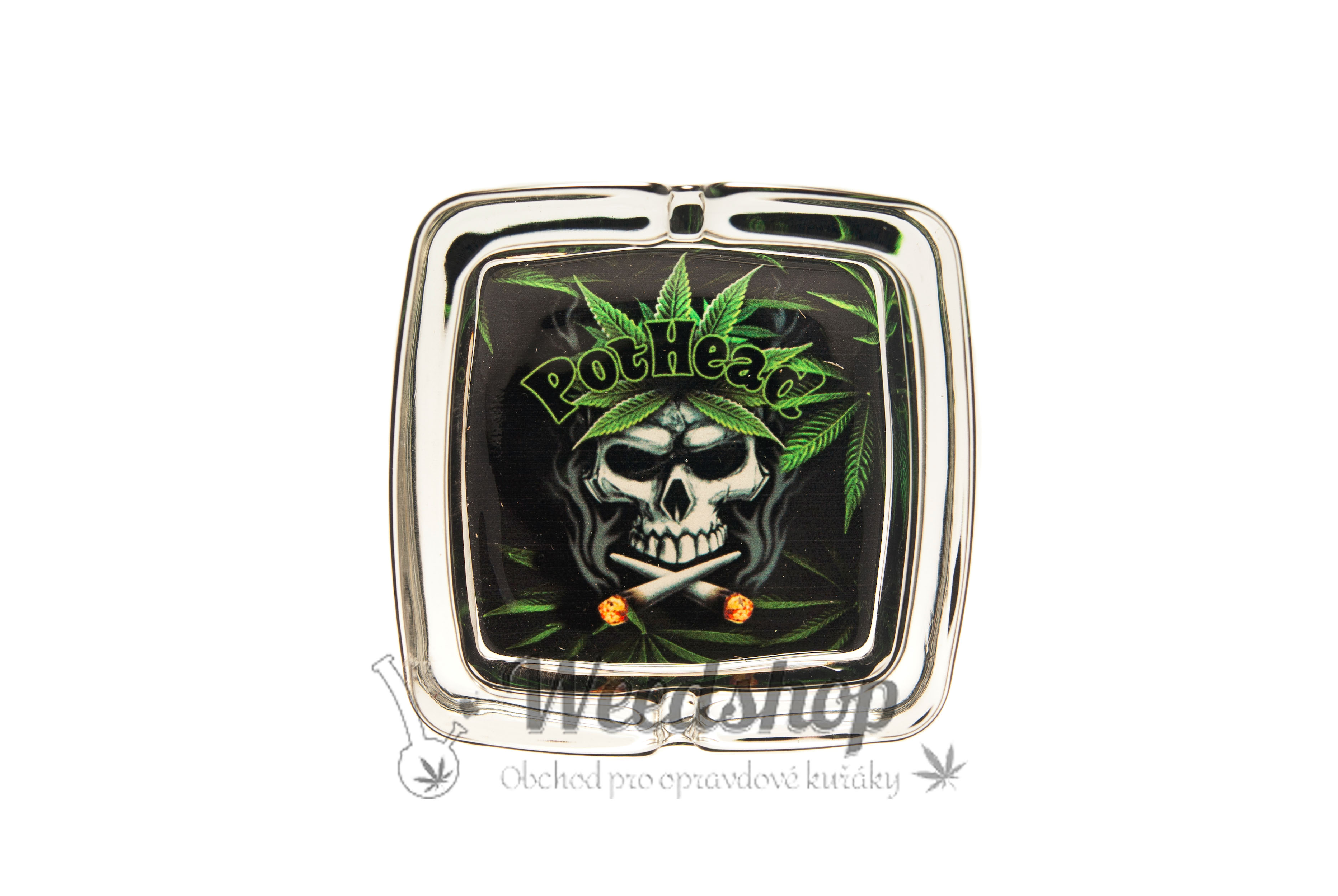 WeedShop Sklenený hranatý popolník - Cannabis Skull Varianty: PotHead