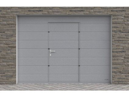 Sekční garážová vrata s dveřmi, barva Silver RAL 9006, Woodgrain, Středová drážka