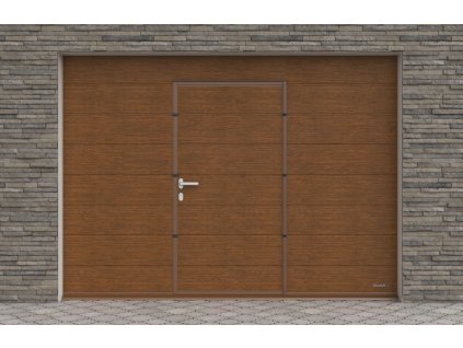 Sekční garážová vrata s dveřmi, barva Zlatý dub, Woodgrain, Středová drážka