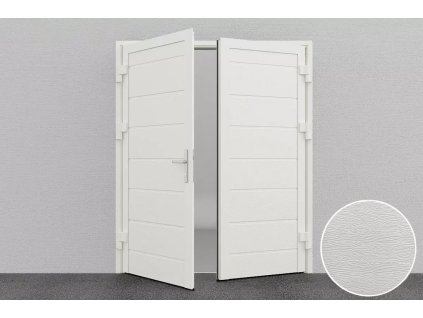 Zweiflügelige Garagentür nach Maß, weiß RAL 9010, Woodgrain, M‑line, mittlere Sicke