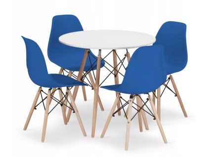 Kulatý stůl TODI 80cm bílý + 4 židle OSAKA modrá