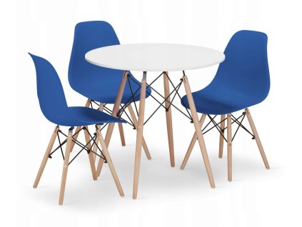 Kulatý stůl TODI 80cm bílý + 3 židle OSAKA modrá