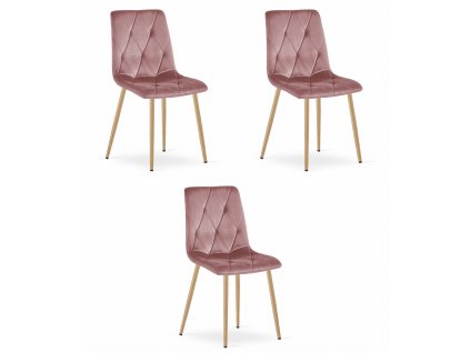 Židle LIBRA - růžový samet / nohy v barvě dřeva x 3