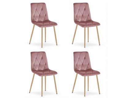 Židle LIBRA - růžový samet / nohy v barvě dřeva x 4