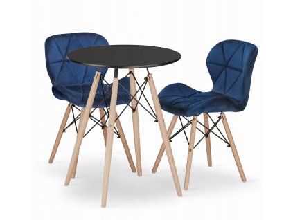 Kulatý stůl TODI 60 černý + 2 židle LAGO tmavě modrá
