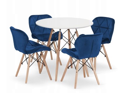 Kulatý stůl TODI 80 cm bílý + 4 židle LAGO tmavě modrá