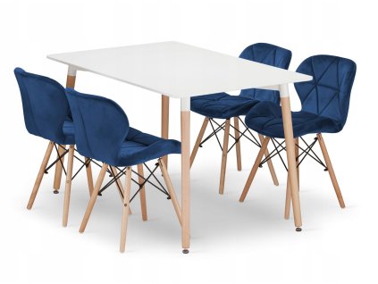 Obdélníková stolová sestava ADRIA 120x80 bílá + 4 židle LAGO tmavě modrá