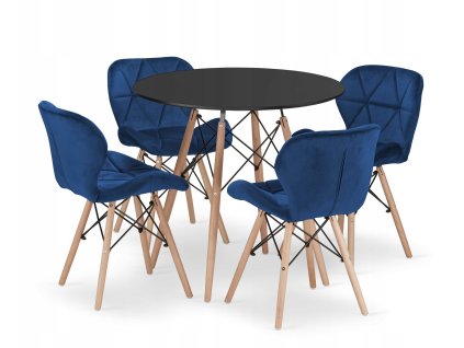 Kulatý stůl TODI 80 černý + 4 židle LAGO tmavě modrá