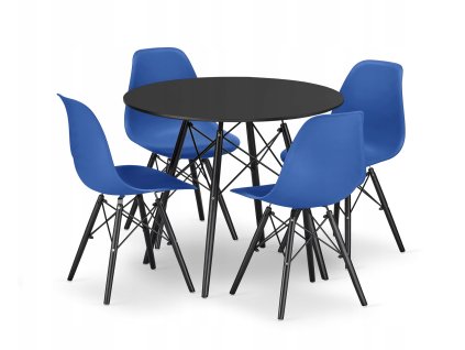Kulatý stůl TODI 80 černý + 4 židle OSAKA modrá