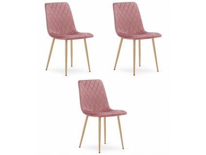 Židle TURIN - růžový samet / nohy v barvě dřeva x 3