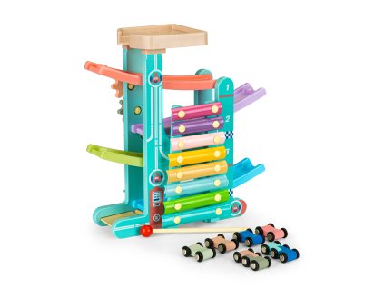 Dřevěná dráha s rampou a 6 autíčky + xylofon od
