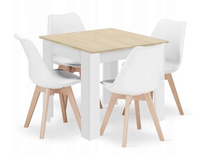 Súprava štvorcový stôl 80x80 dub sonoma + 4 stoličky MARK white