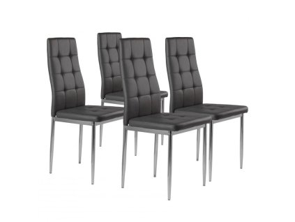 Sada 4 stoličiek do obývačky alebo jedálne, jednoduché prešívané stoličky, chrómové nohy, sivá ekokoža