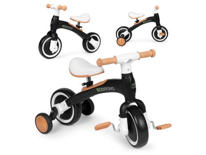 Balančný bicykel s pedálmi - tréningový, 3 v 1, bočné kolieska, čierny,