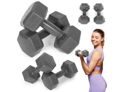 Sada šesťhranných činiek 2x2 kg, cvičebné závažia, fitness záťaž, sivá,