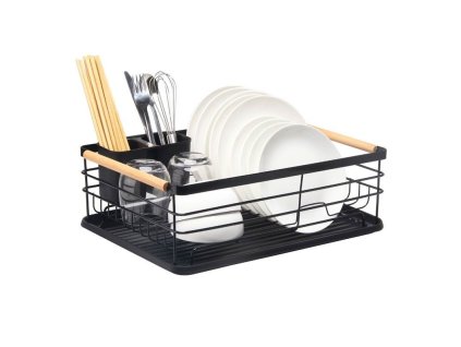 Jednostupňový sušiak na riad, odkapávač s drevenými rukoväťami, podnos, čierny