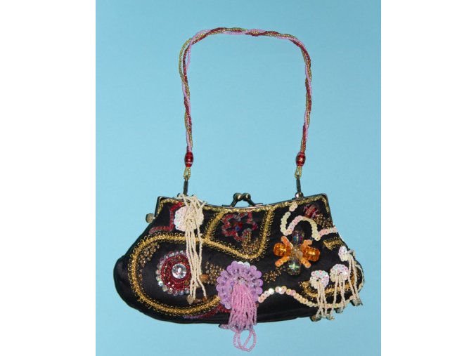 IN'S dámská večerní kabelka černá s výšivkou a korálkami různých barev