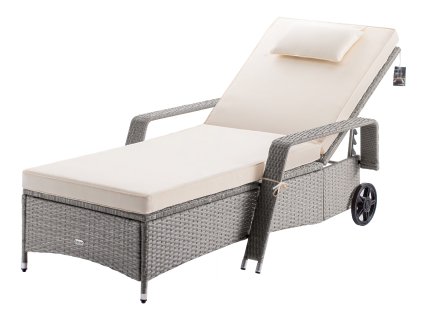 Casaria Zahradní polyratanové lehátko s kolečky, krémové, 995629