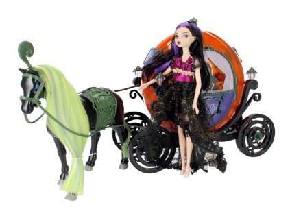 iMex Toys Interaktivní kočár s černým chodícím koněm a panenkou Monster